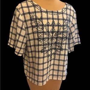 Orvis 100% Linen White and Navy Plaid 100% Linen Embroidered Top Size Med